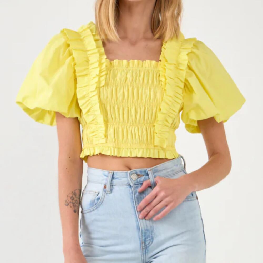 Endless Rose Yellow Cotton Smocked Puff Short Sleeve Waist Crop Cute Casual Top